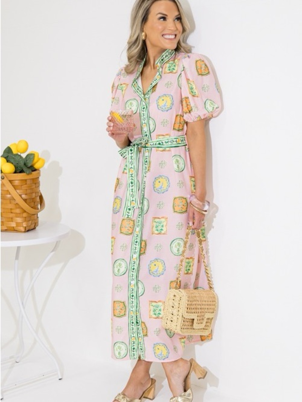 Pink Porcelain Printed Maxi Shirt Dress Balloon Sleeves with Contrasted Tie Belt